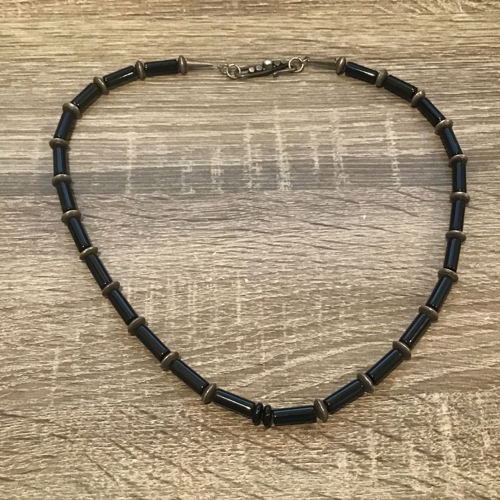 Sterling Silver & Black Onyx Beaded Hook Clasp with Pearl Detail Necklace 23" L